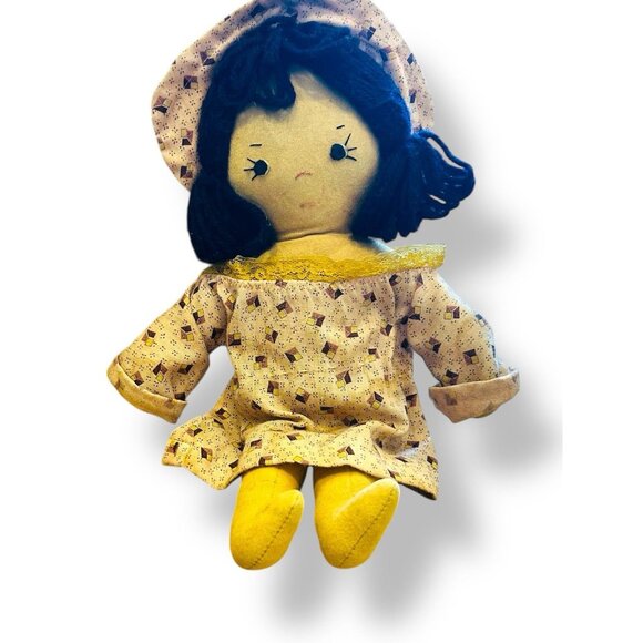 Vintage Handmade Rag Doll by Colon Sisters Yellow Dress Blue Yarn Hair 12 in - Picture 1 of 11